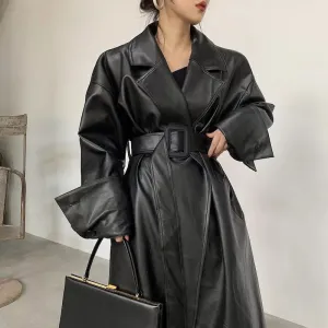 Trendy Long Oversized Leather Trench Coat