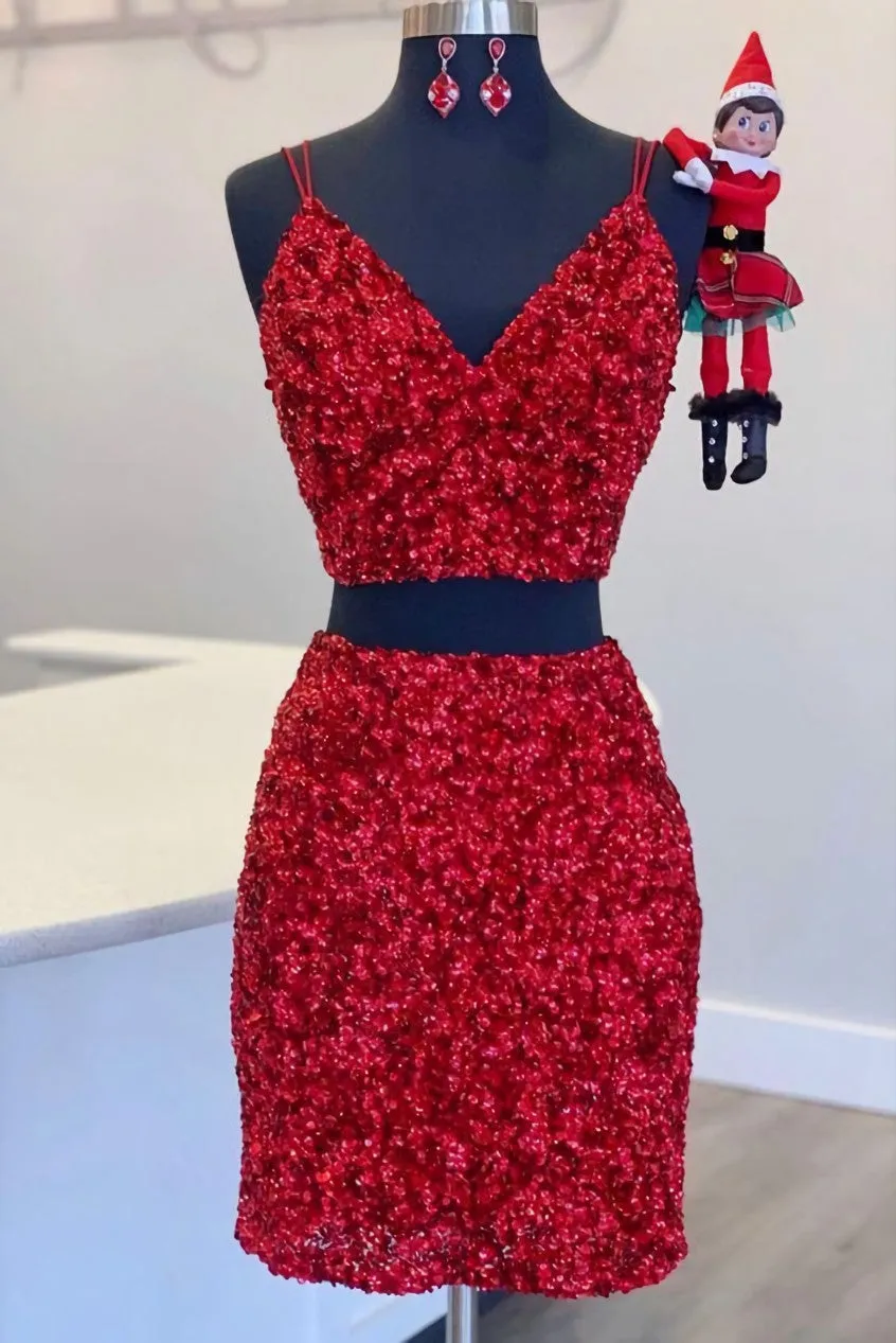 Two Piece Red Sequined Homecoming Dress V-neck Tight Party Dress,Short Prom Dresses