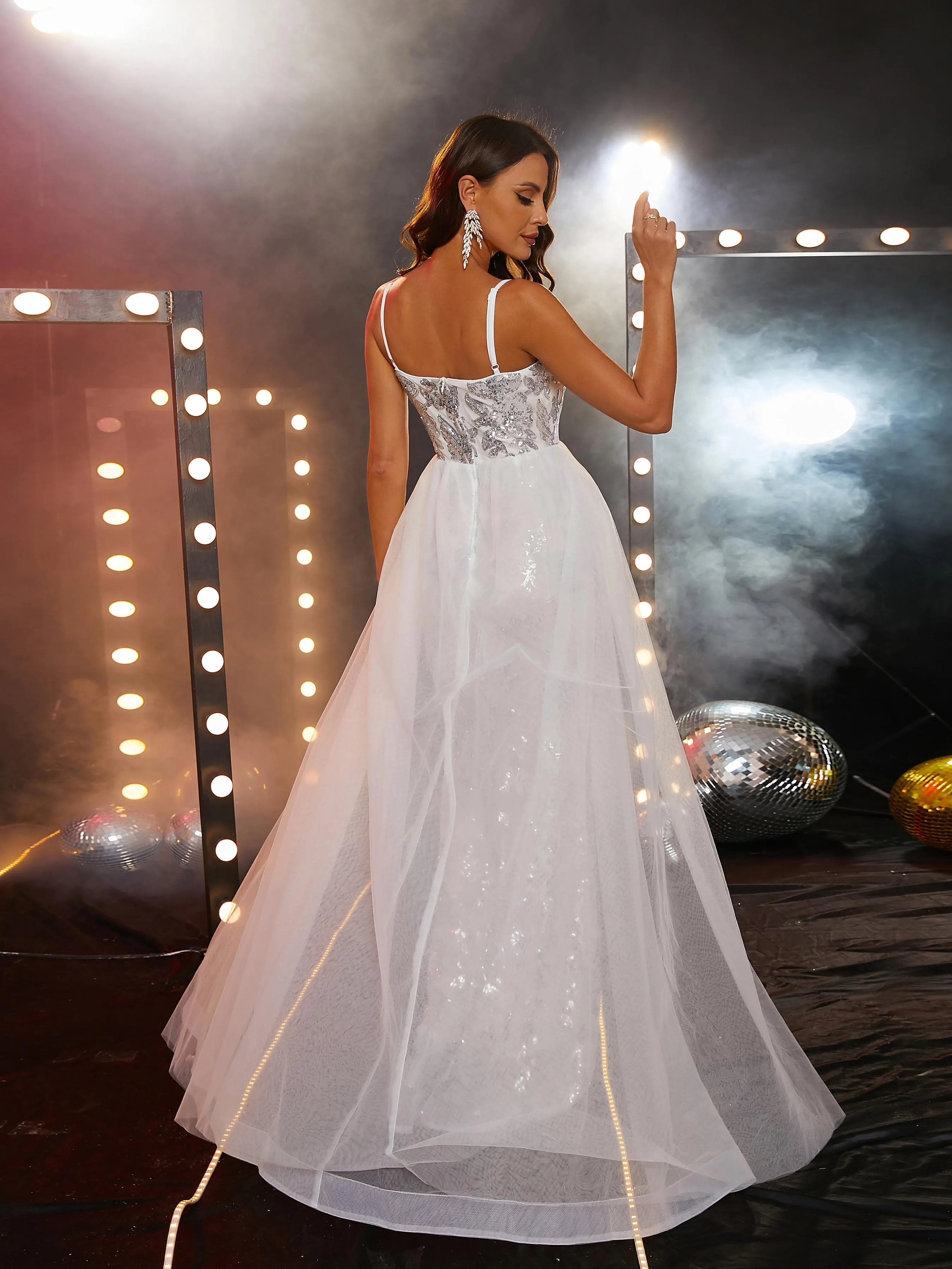 V-Neck Spaghetti Strap Sequin Wedding Dress RJ10703