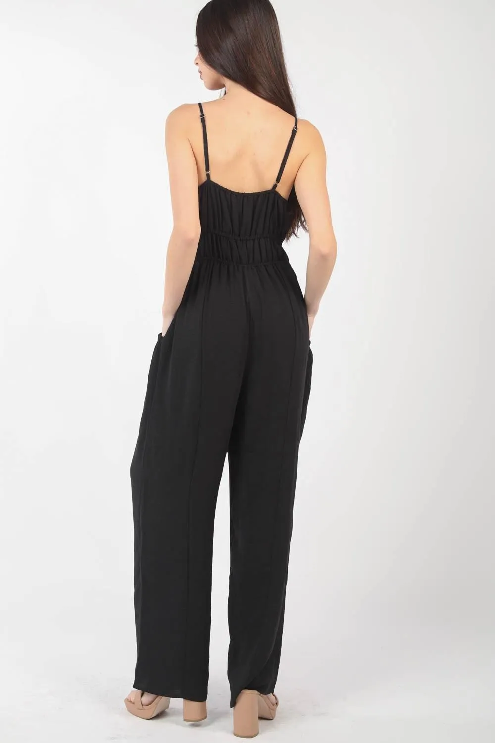 VERY J Pintuck Detail Woven Sleeveless Jumpsuit