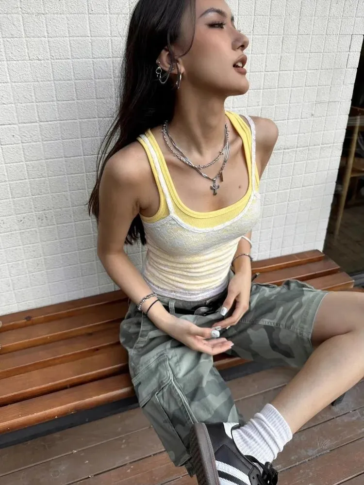 Vevesc American Vintage Mesh Lace White Camisole  Y2k Sexy Slim Fit Yellow Knitted Vest for Women 2024 Summer New Two Piece Sets