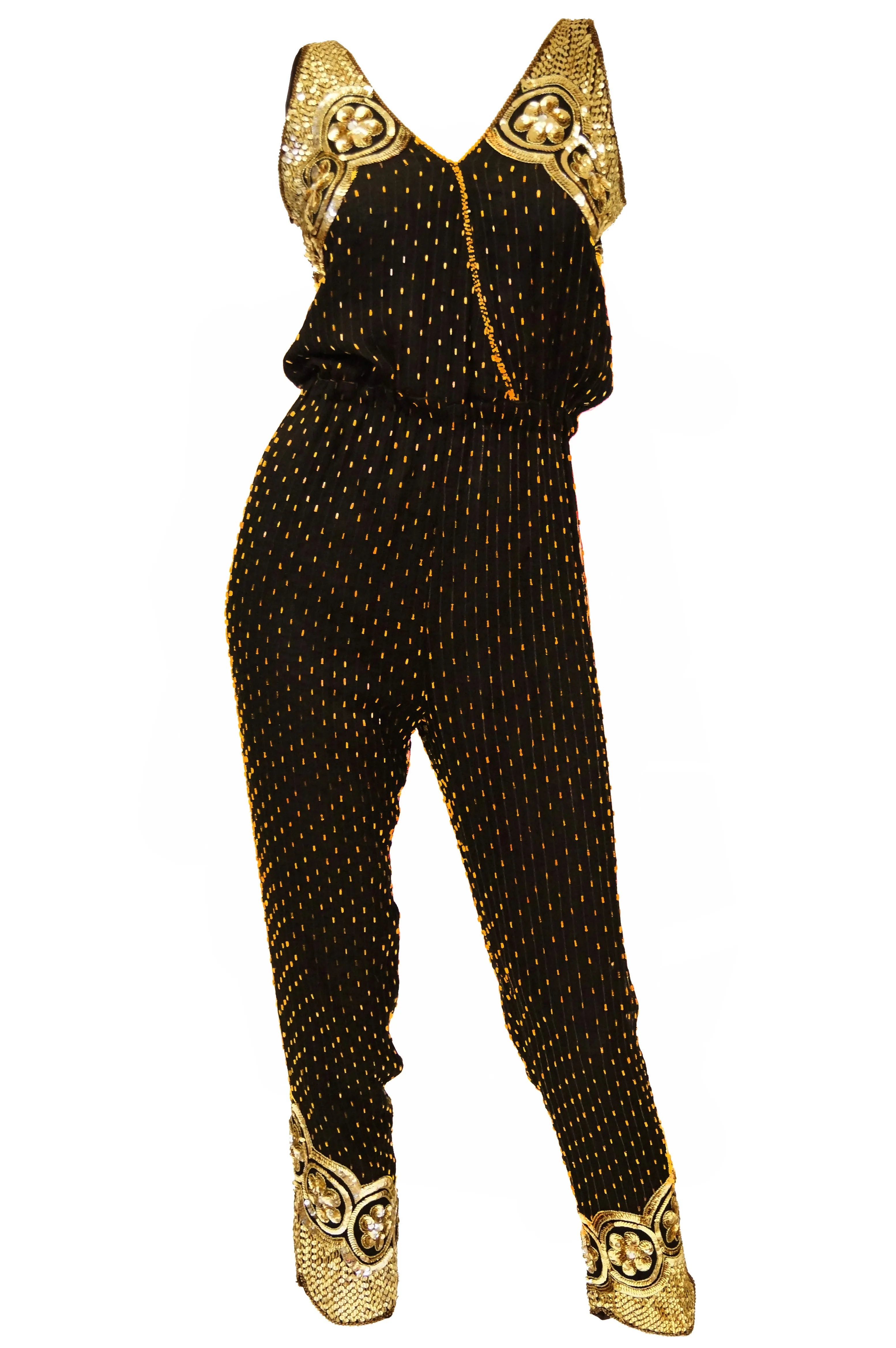 Vintage Black Silk Gold Beaded Jumpsuit