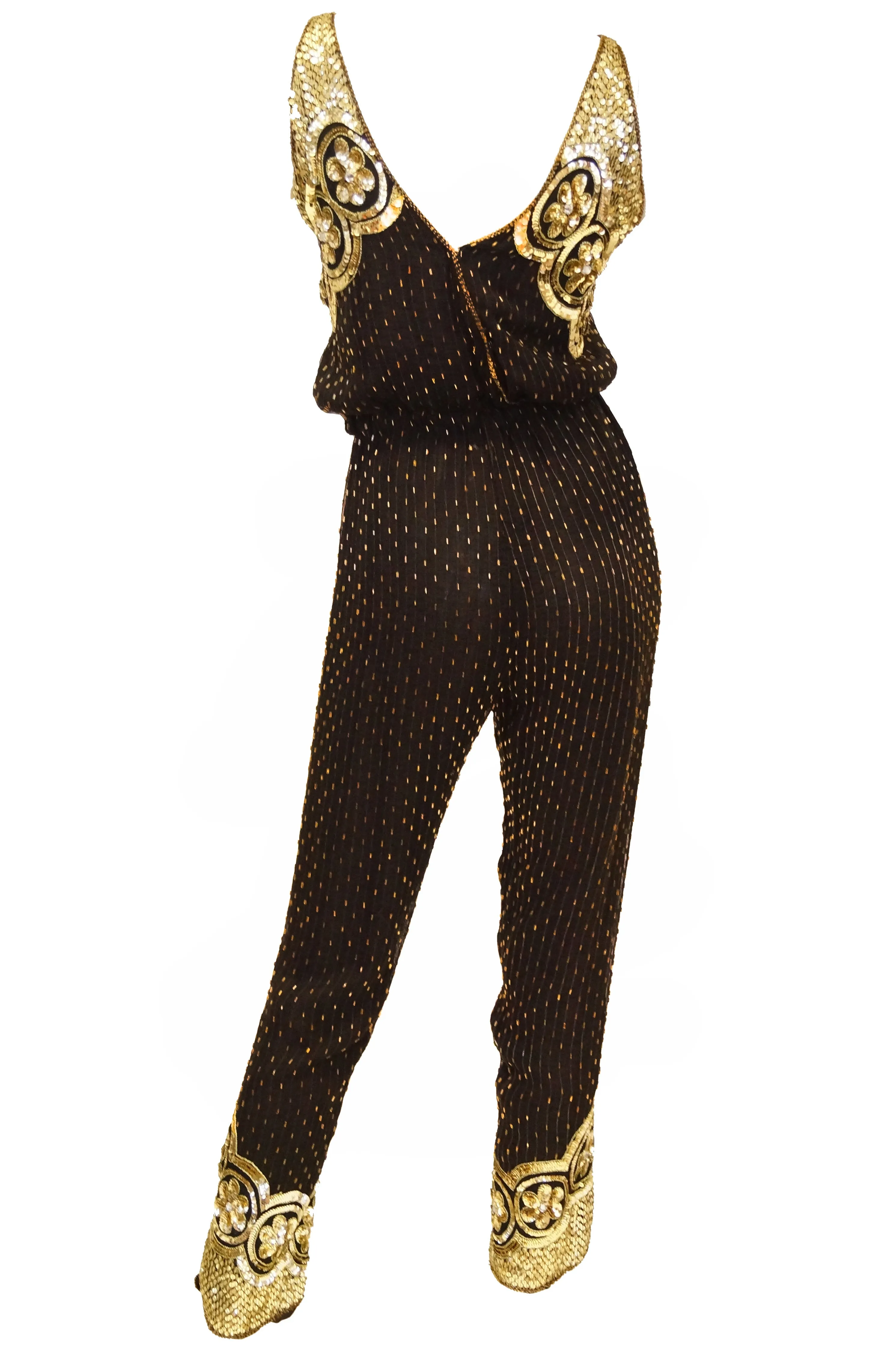 Vintage Black Silk Gold Beaded Jumpsuit