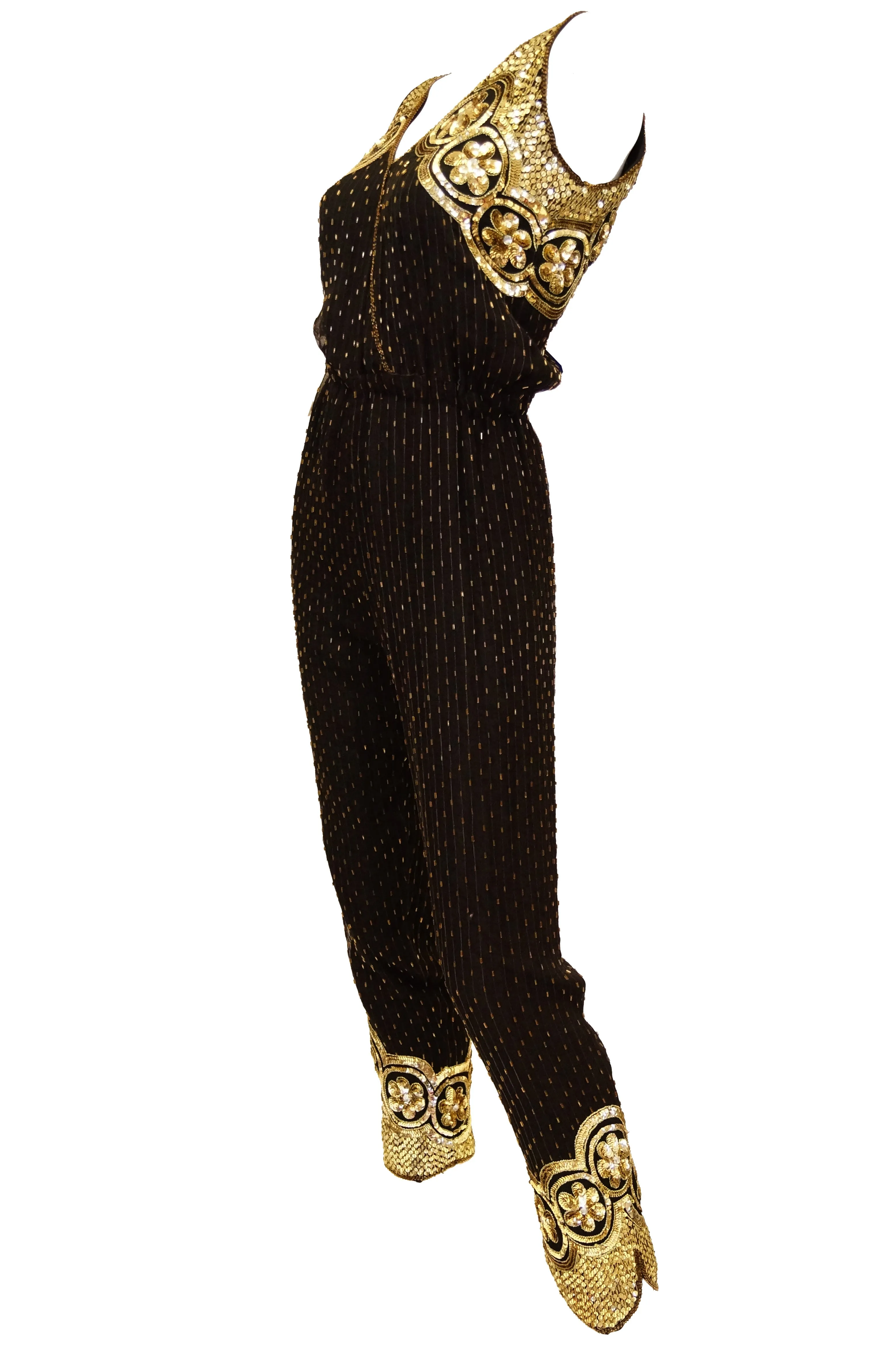 Vintage Black Silk Gold Beaded Jumpsuit