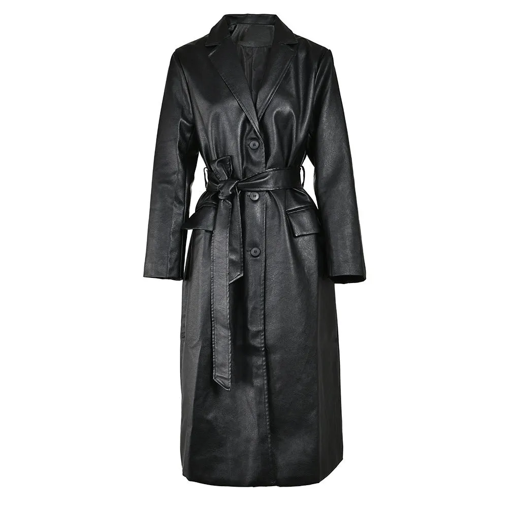 Waist-tight Show Thin Black PU Leather Temperament Coat Commute Leisure Long High-grade Windbreaker