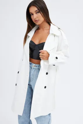 White Longline Trench Coat With Tie