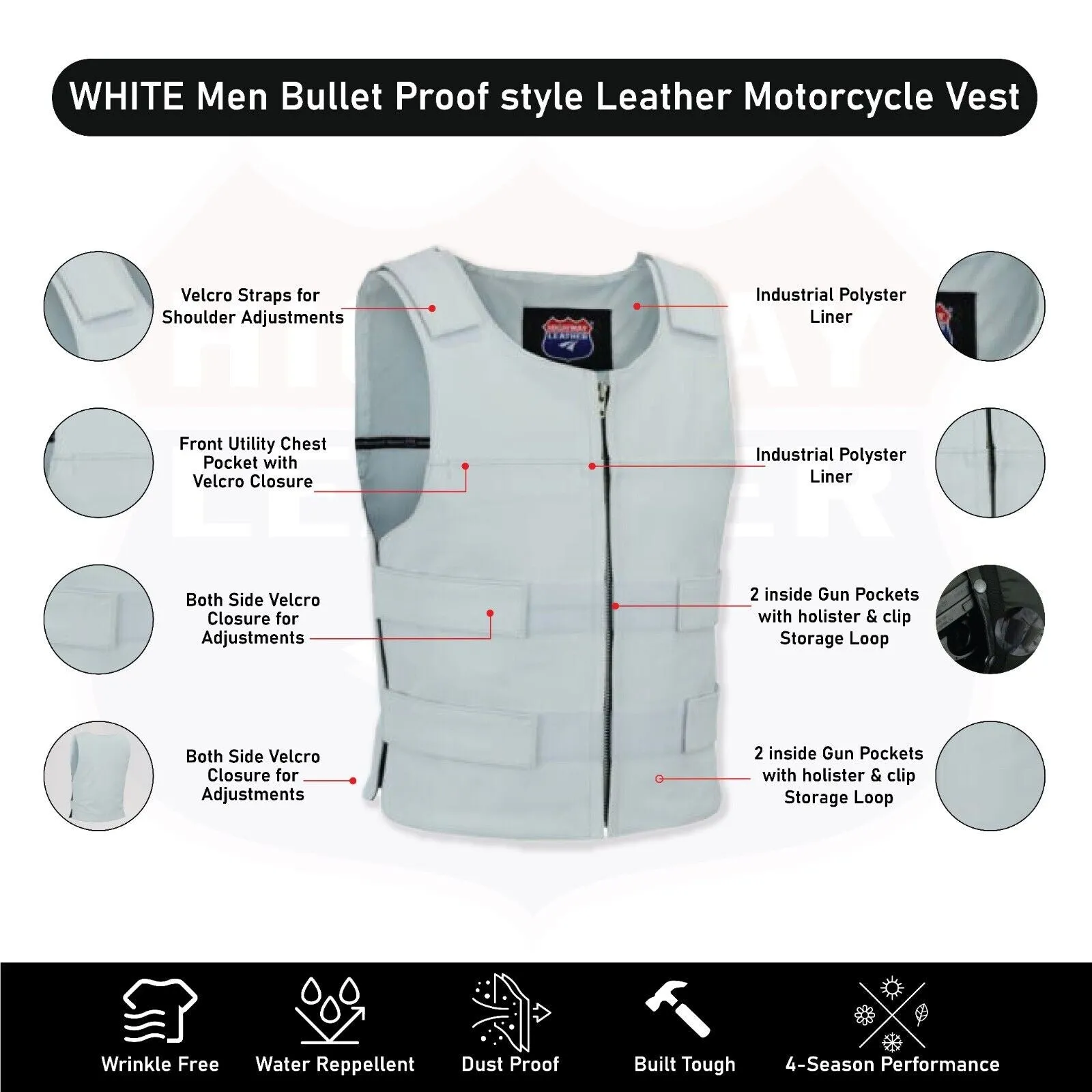 White Women Bullet Proof style Leather Motorcycle Vest for bikers Club Tactical