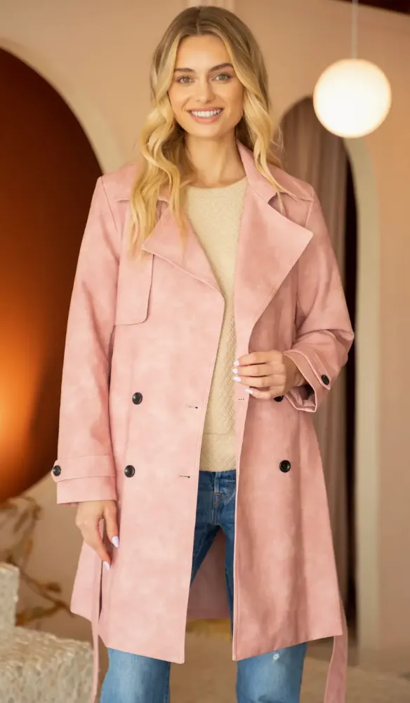 Wide Collared Leather Trench Coat Light Pink