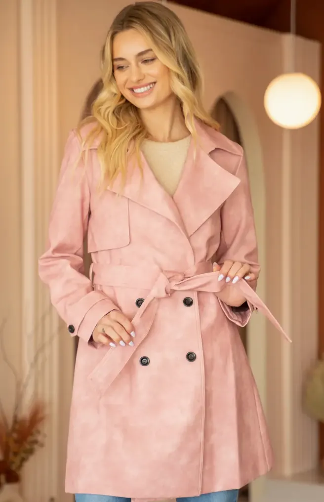 Wide Collared Leather Trench Coat Light Pink