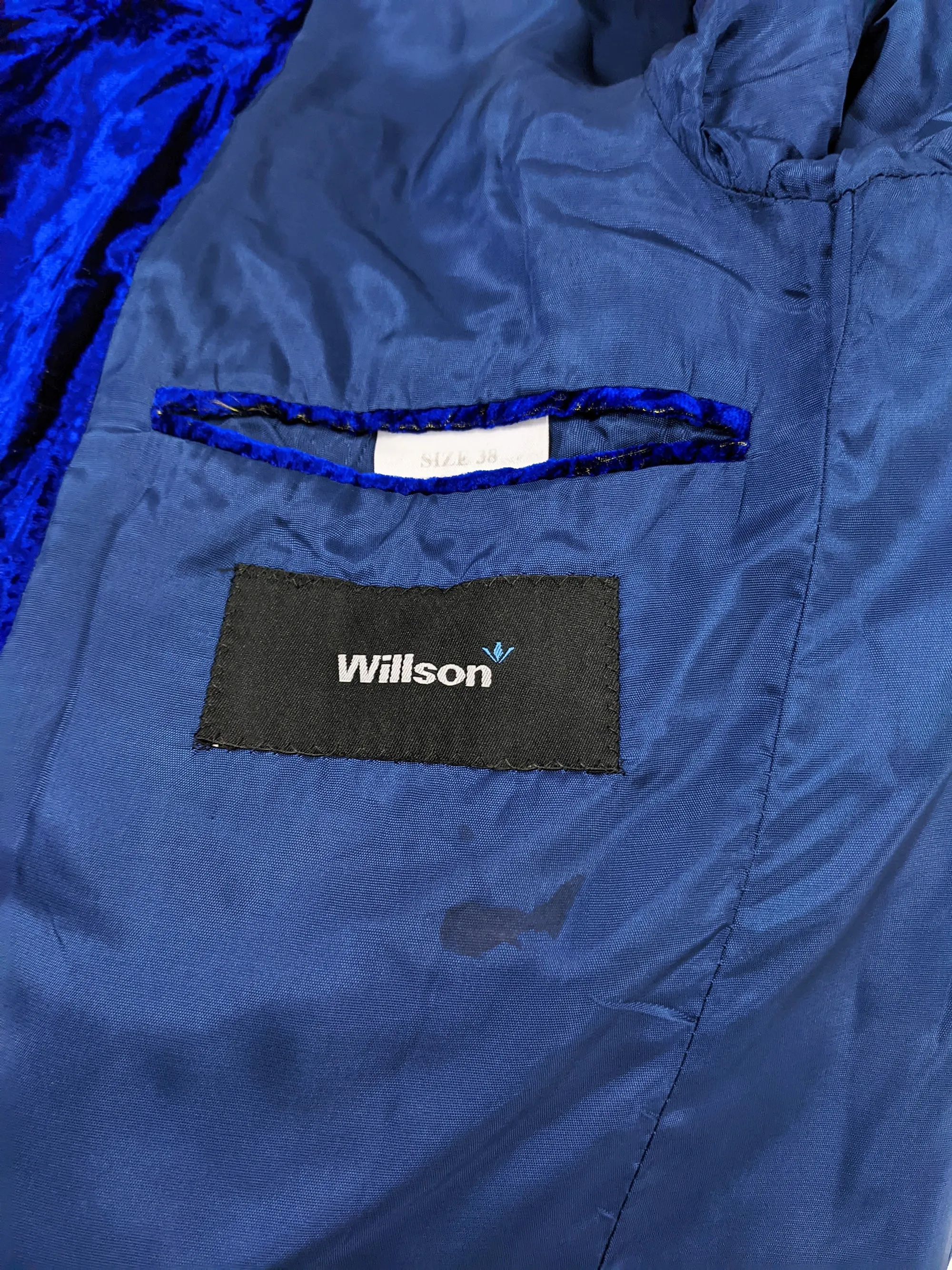 Willson Vintage Mens Bold Blue Crushed Velvet Jacket, 1980s