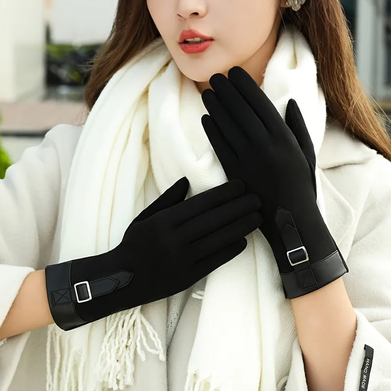 Winter Chic Velvet Lined Suede Gloves - Touch Screen, Windproof, Elastic Full Finger Gloves for Weekend Casual - Elegant Solid Color Knitted Gloves with Faux Leather Buckle