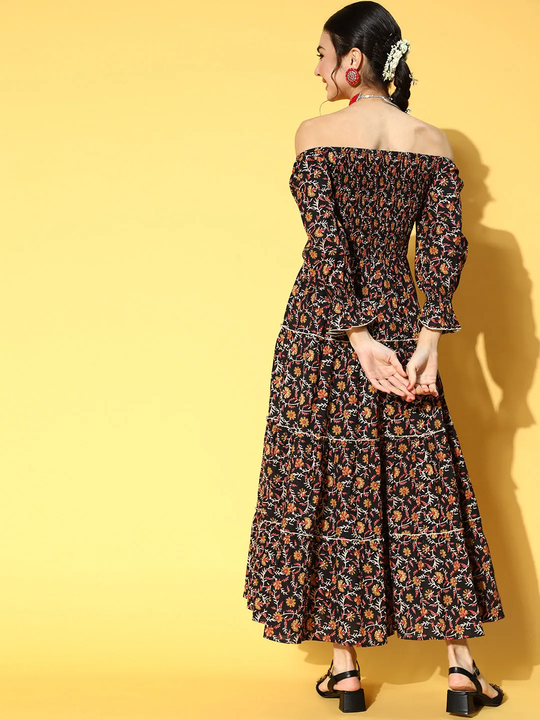 Women Black & Mustard Yellow Ethnic Motifs Off-Shoulder Maxi Dress