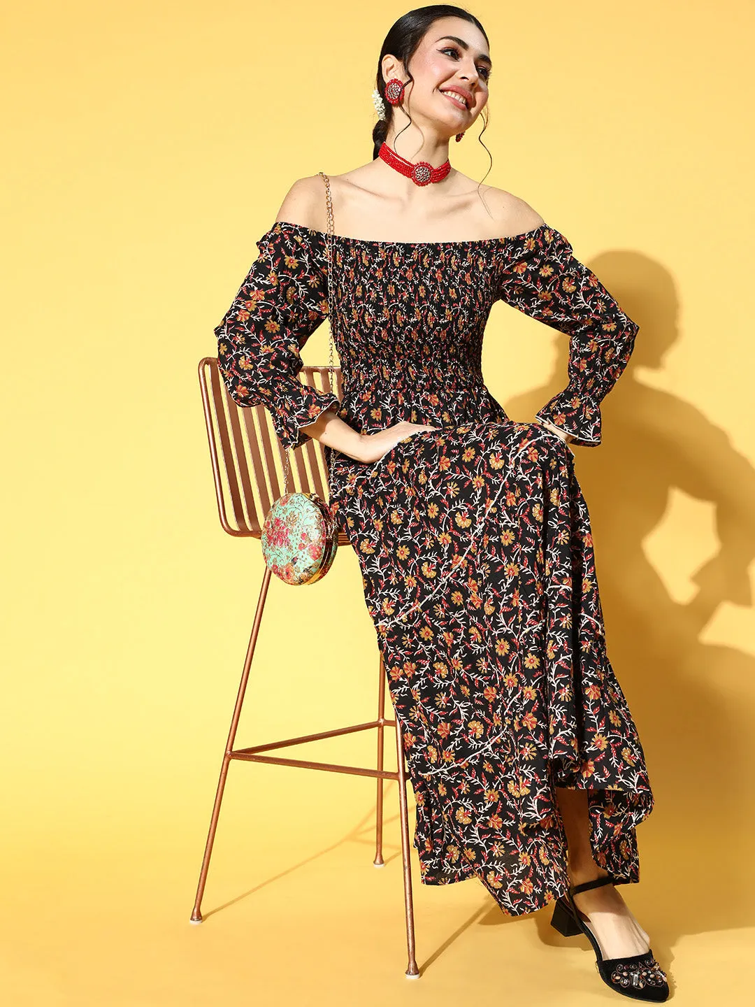 Women Black & Mustard Yellow Ethnic Motifs Off-Shoulder Maxi Dress