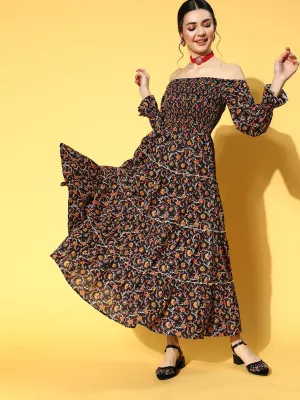 Women Black & Mustard Yellow Ethnic Motifs Off-Shoulder Maxi Dress