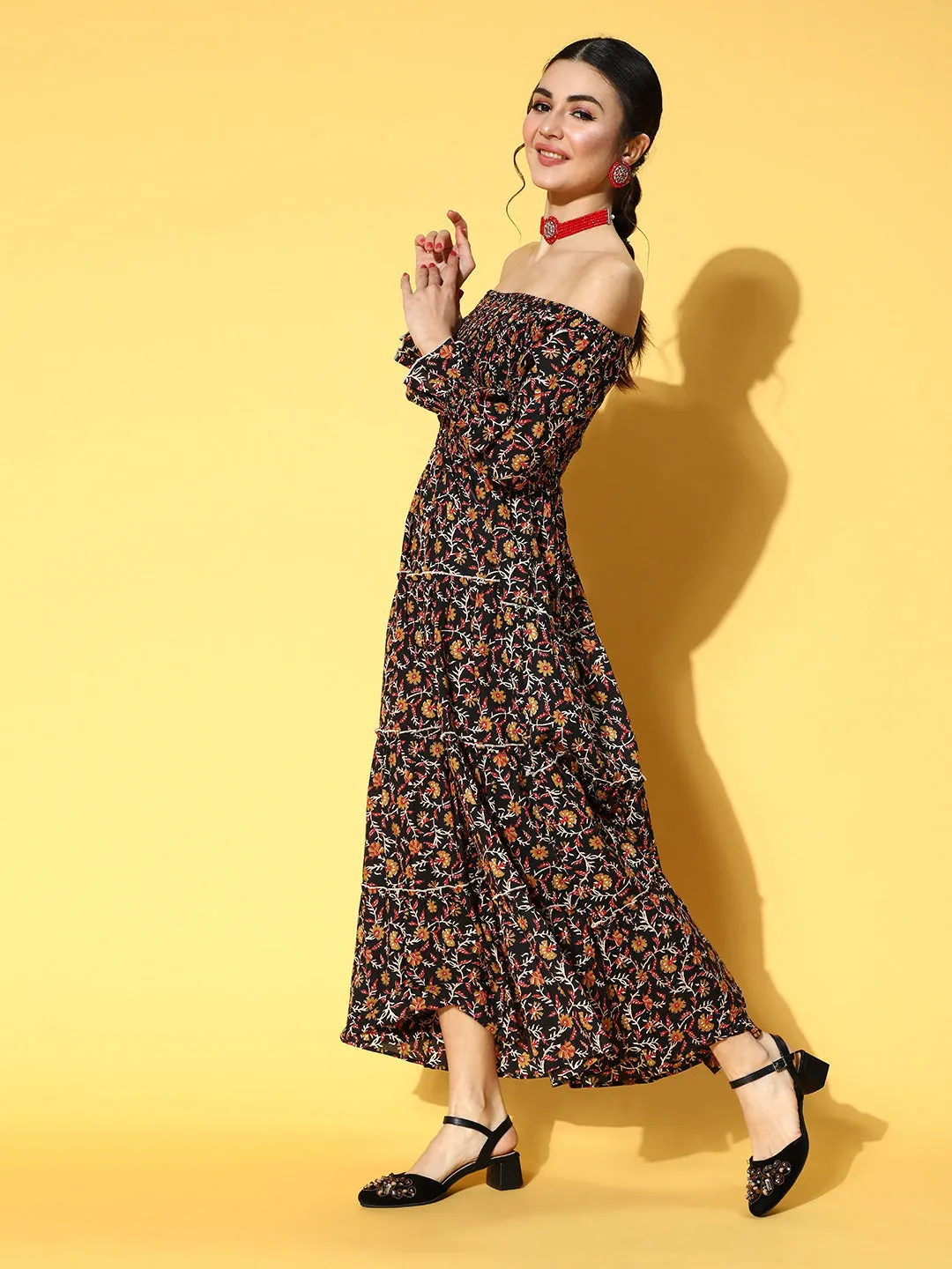 Women Black & Mustard Yellow Ethnic Motifs Off-Shoulder Maxi Dress