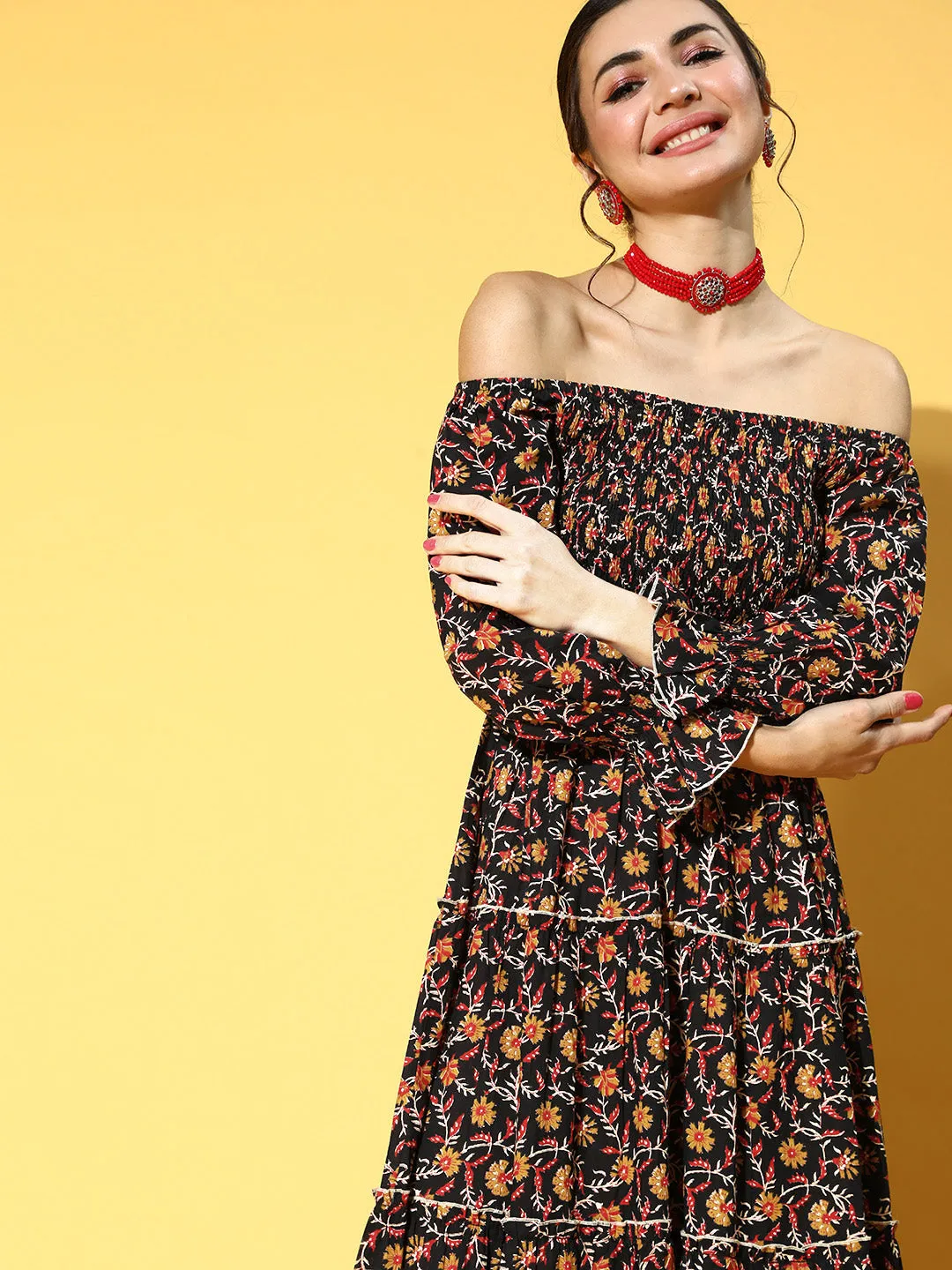 Women Black & Mustard Yellow Ethnic Motifs Off-Shoulder Maxi Dress