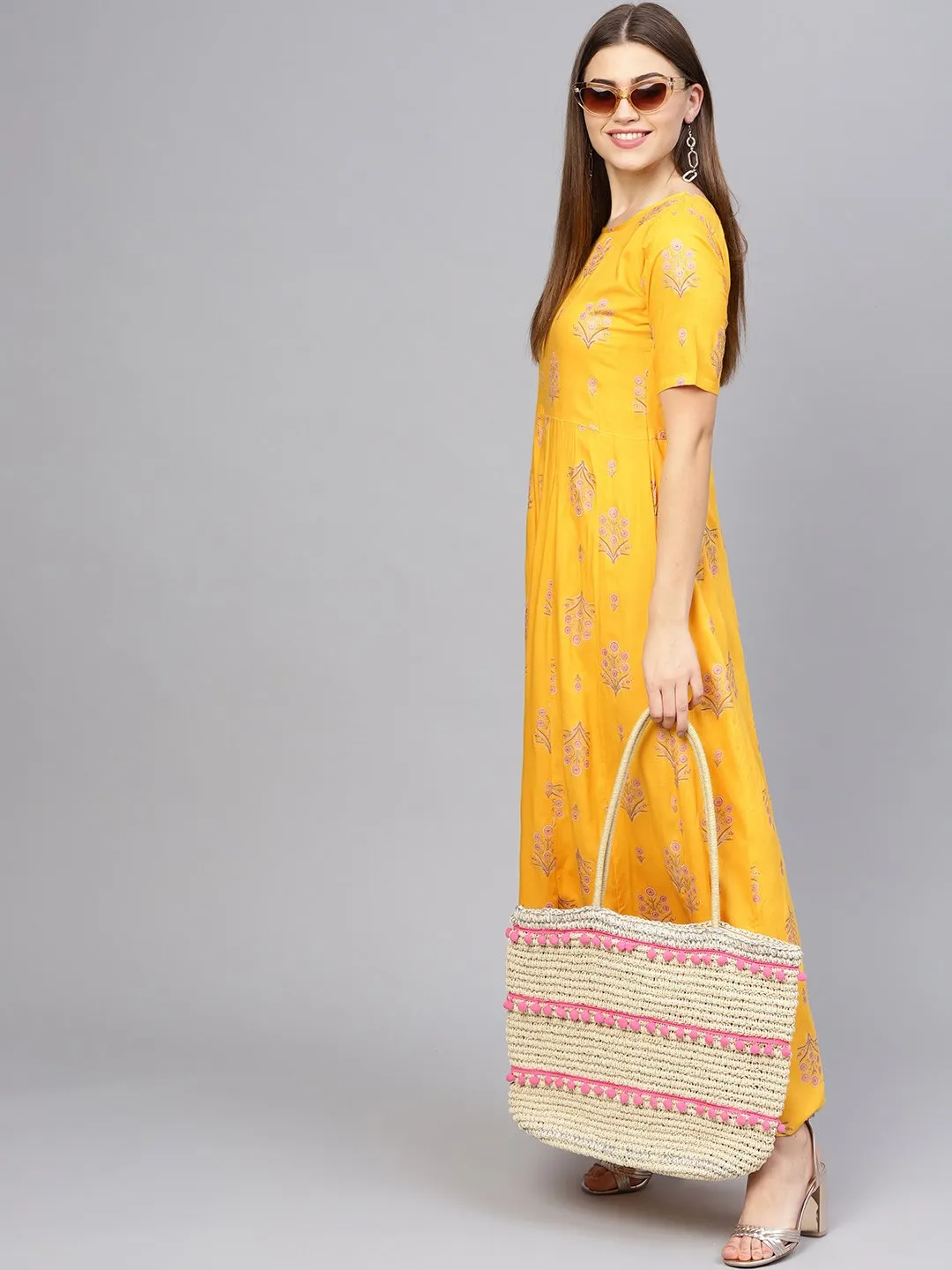 Women Mustard Yellow & Pink Printed Maxi Dress