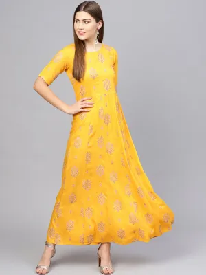 Women Mustard Yellow & Pink Printed Maxi Dress