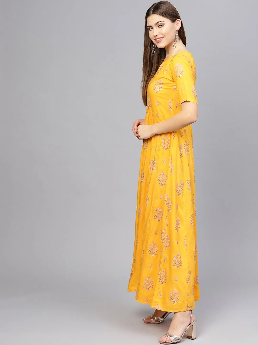 Women Mustard Yellow & Pink Printed Maxi Dress