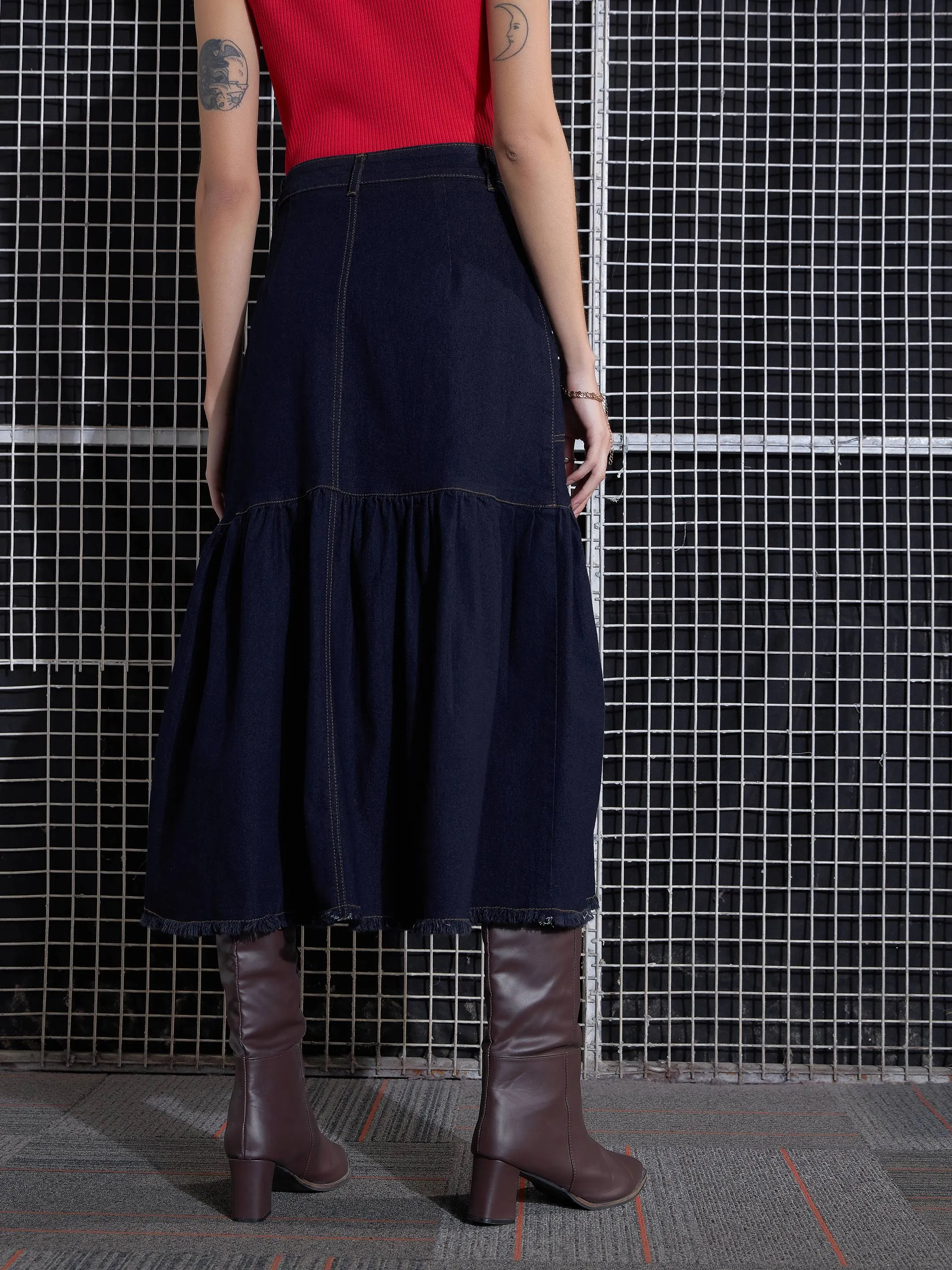 Women Navy Blast Denim Flared Midi Skirt