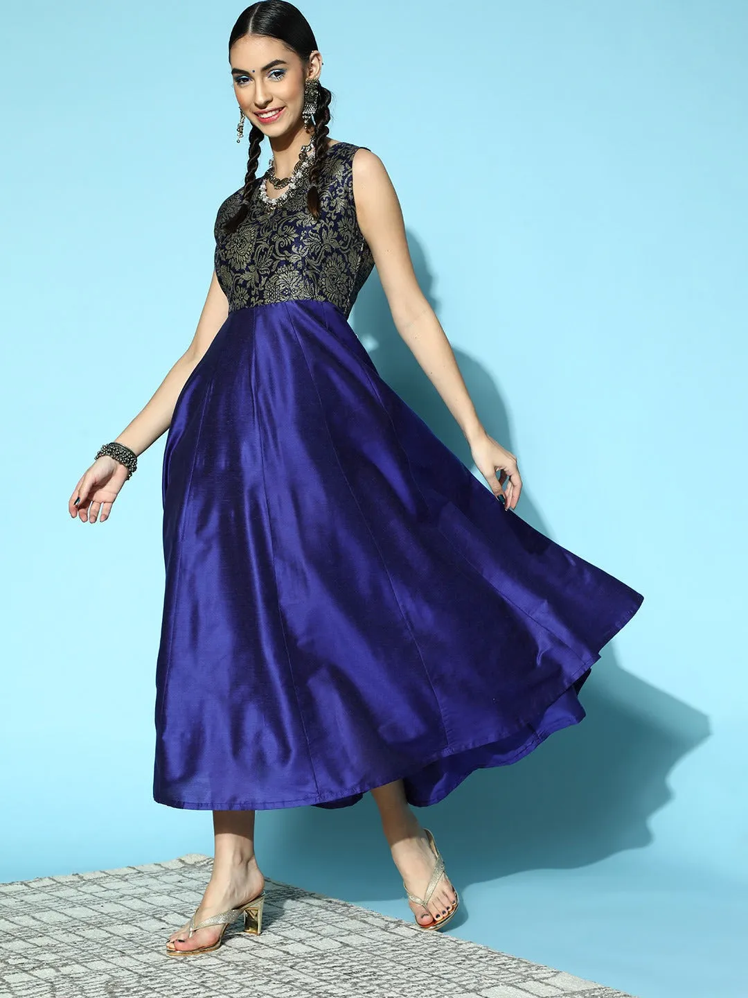 Women Navy Brocade Sleeveless Anarkali Maxi