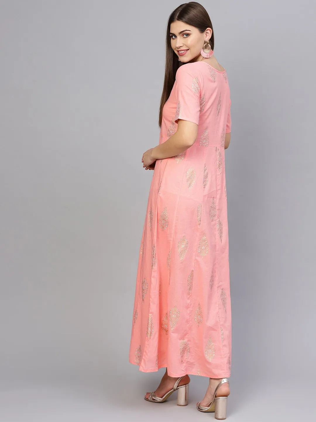 Women Pink & Golden Printed Maxi Dress