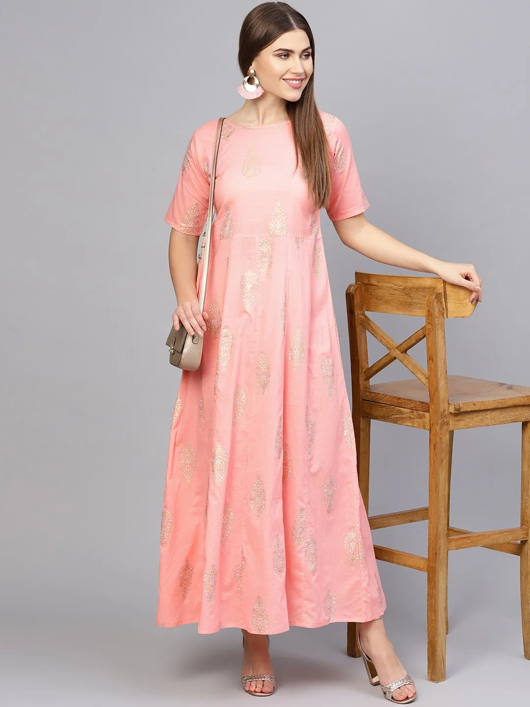 Women Pink & Golden Printed Maxi Dress