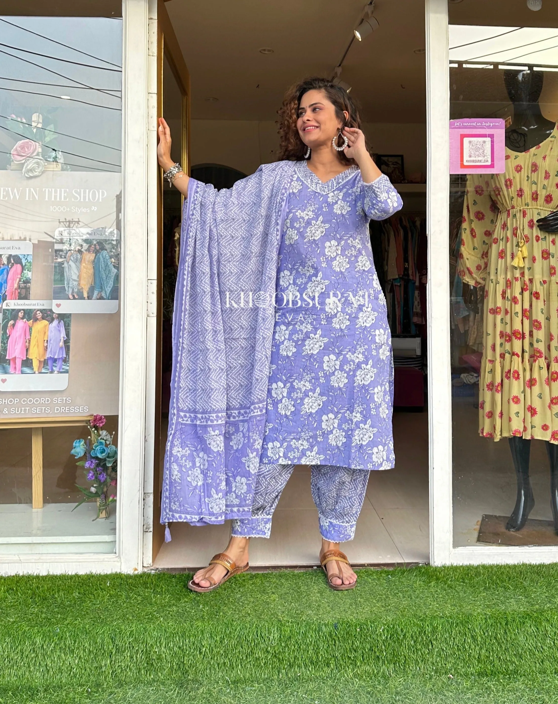 Women Purple Kurti with Afghani Pants and Dupatta Set