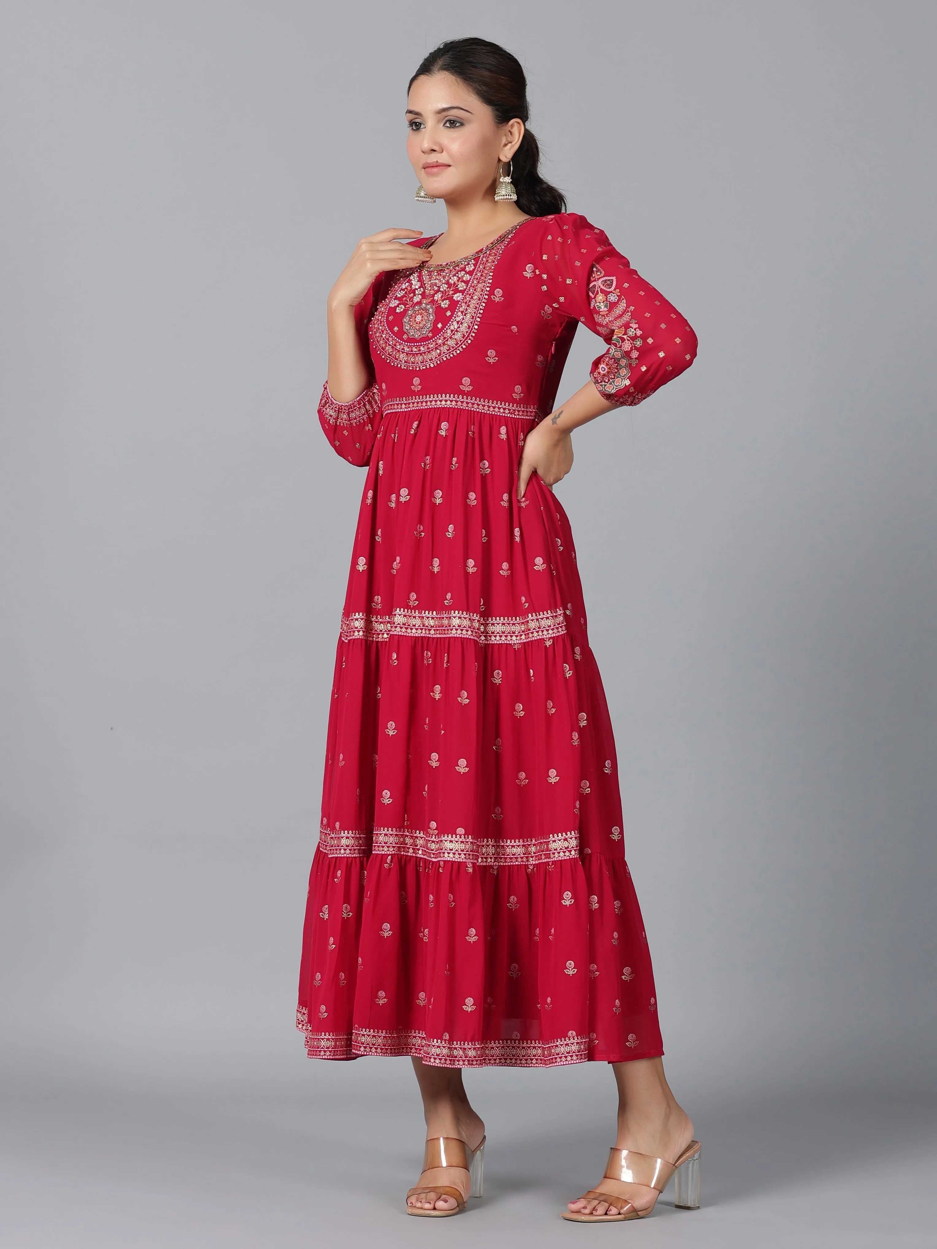 Women Red Georgette Printed Tiered Maxi Dress