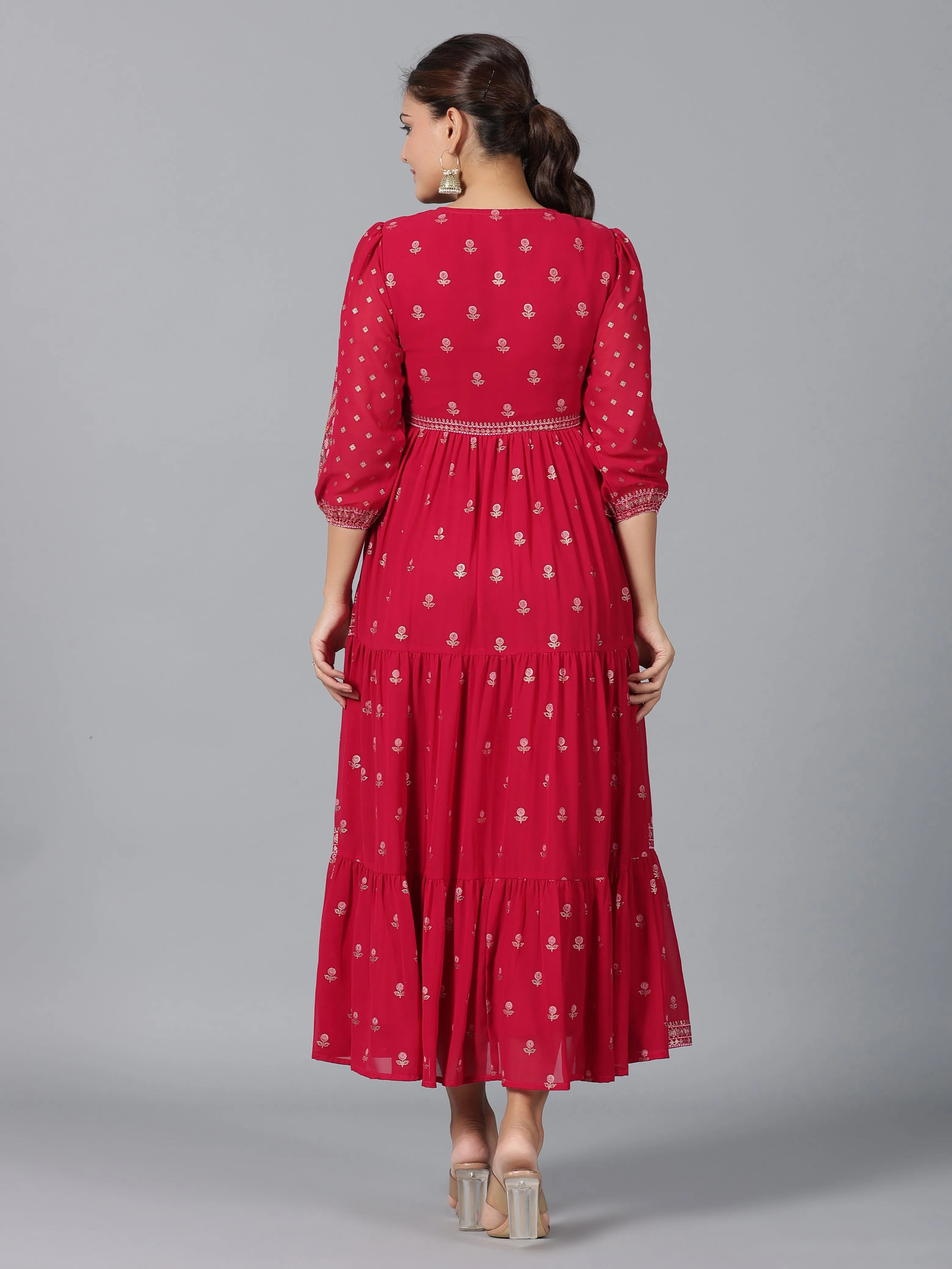 Women Red Georgette Printed Tiered Maxi Dress