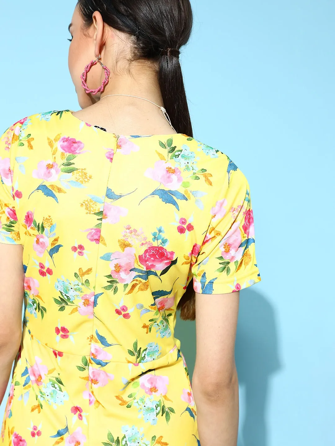 Women Yellow Floral Side Ruched Dress