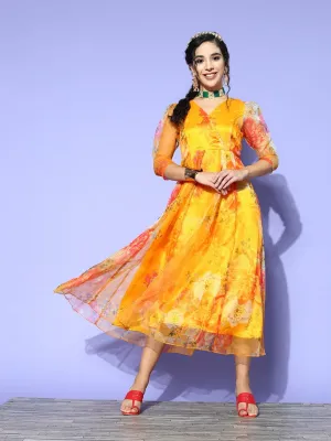 Women Yellow Organza Floral Wrap Anarkali Maxi Dress