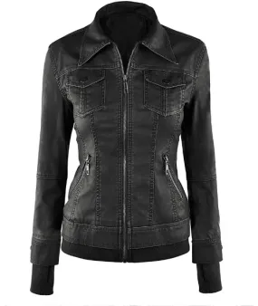 Womens Black Hooded Bomber Leather Jacket