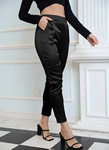 Women's Satin Silky Pants Dress Casual Pull on High Waist Pants with Pockets X-Large