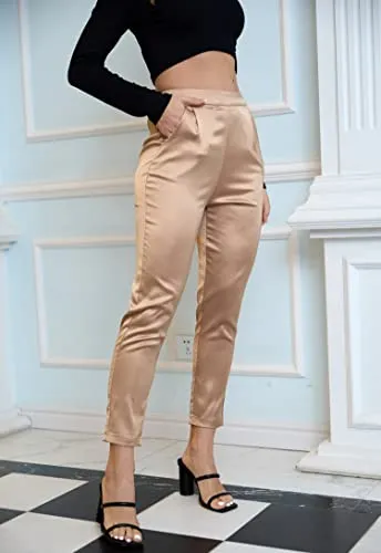 Women's Satin Silky Pants Dress Casual Pull on High Waist Pants with Pockets X-Large