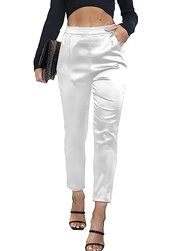 Women's Satin Silky Pants Dress Casual Pull on High Waist Pants with Pockets X-Large