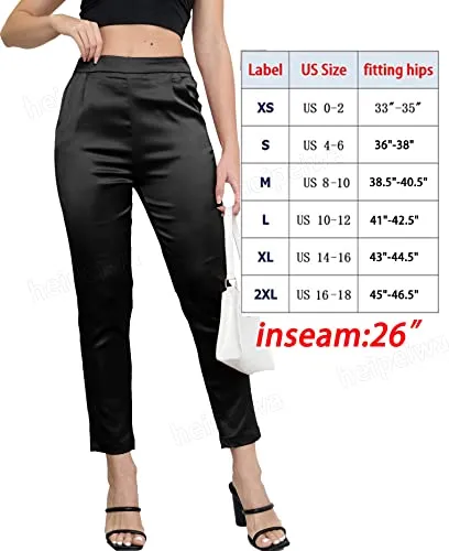 Women's Satin Silky Pants Dress Casual Pull on High Waist Pants with Pockets X-Large