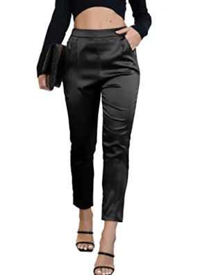 Women's Satin Silky Pants Dress Casual Pull on High Waist Pants with Pockets X-Large