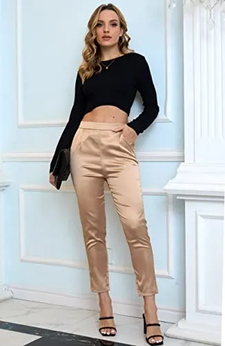 Women's Satin Silky Pants Dress Casual Pull on High Waist Pants with Pockets X-Large