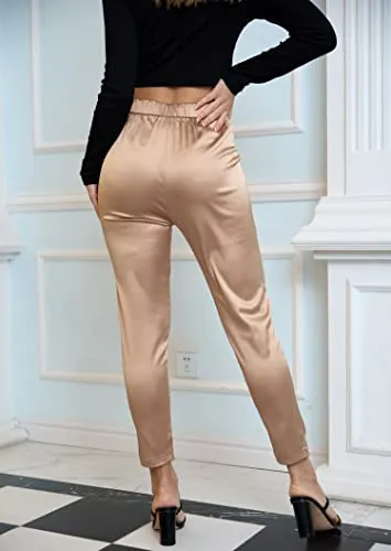 Women's Satin Silky Pants Dress Casual Pull on High Waist Pants with Pockets X-Large