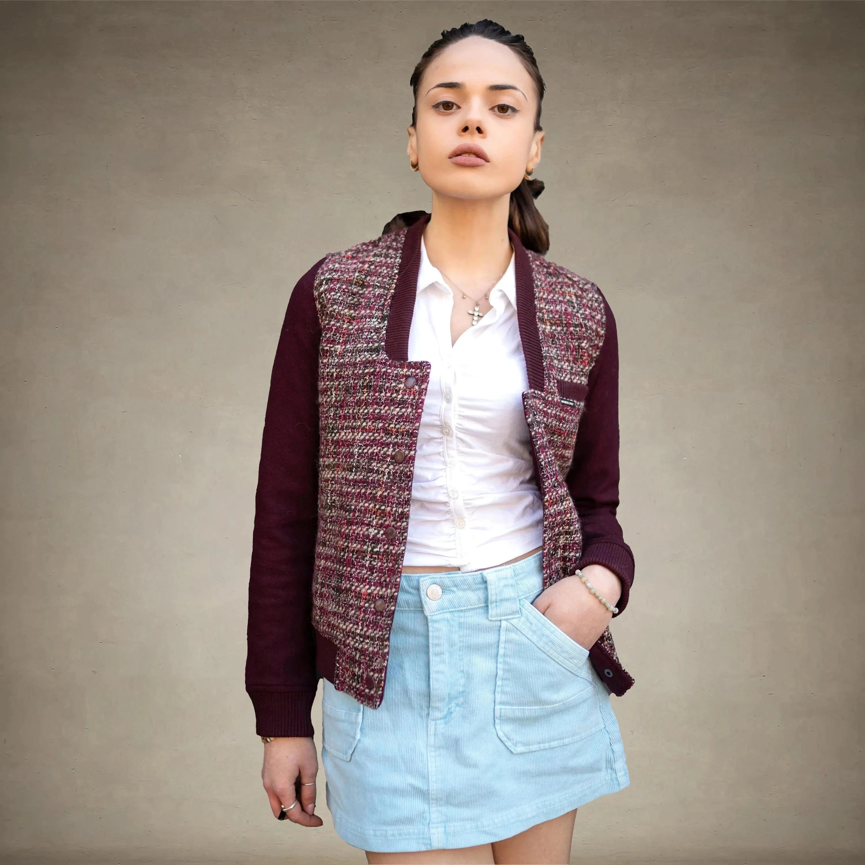 Women's Updated Tweed Varsity Jacket with Contrast Sleeve - FINAL SALE