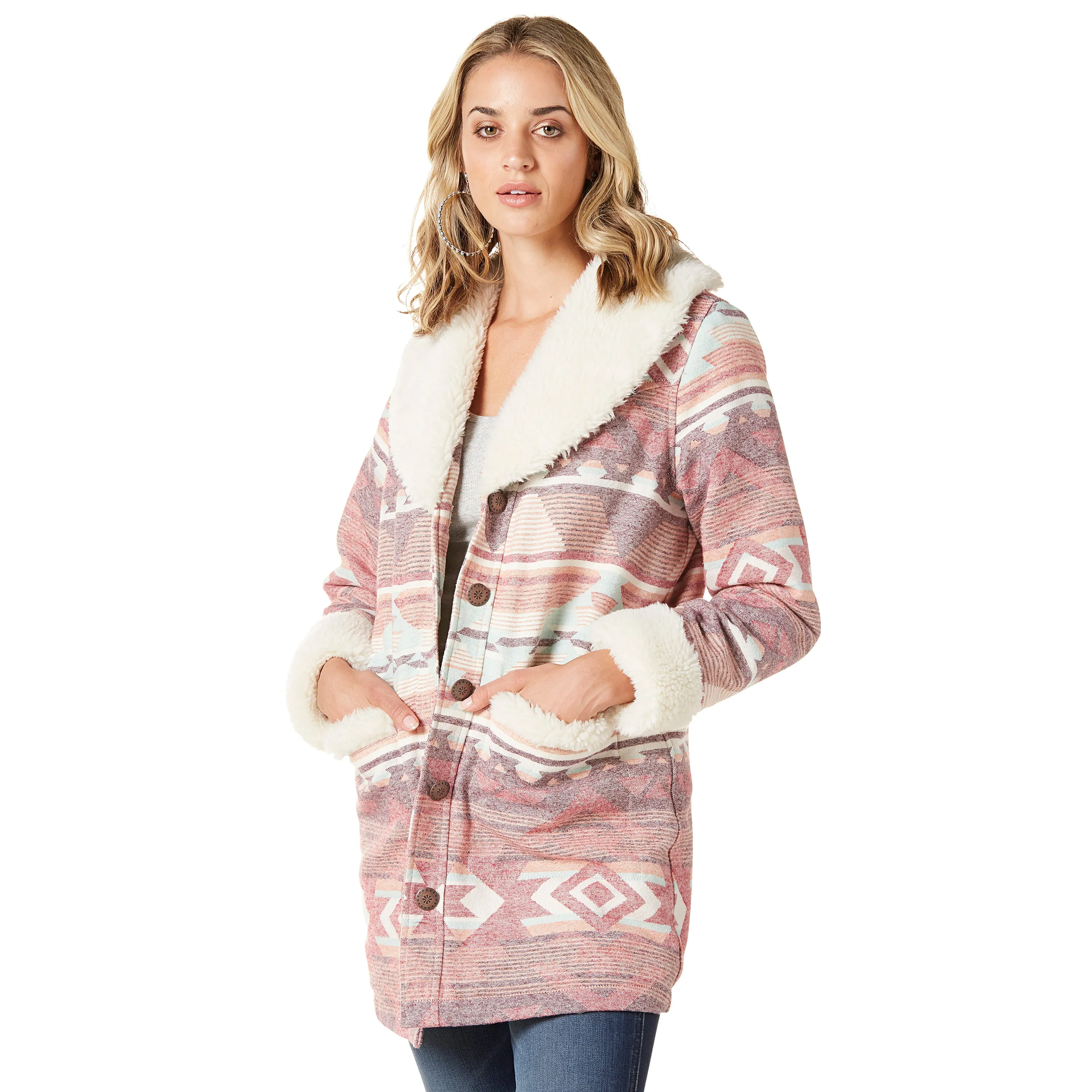 Women's Wrangler Pink Aztec Print Retro Sherpa Shawl Collar Coat