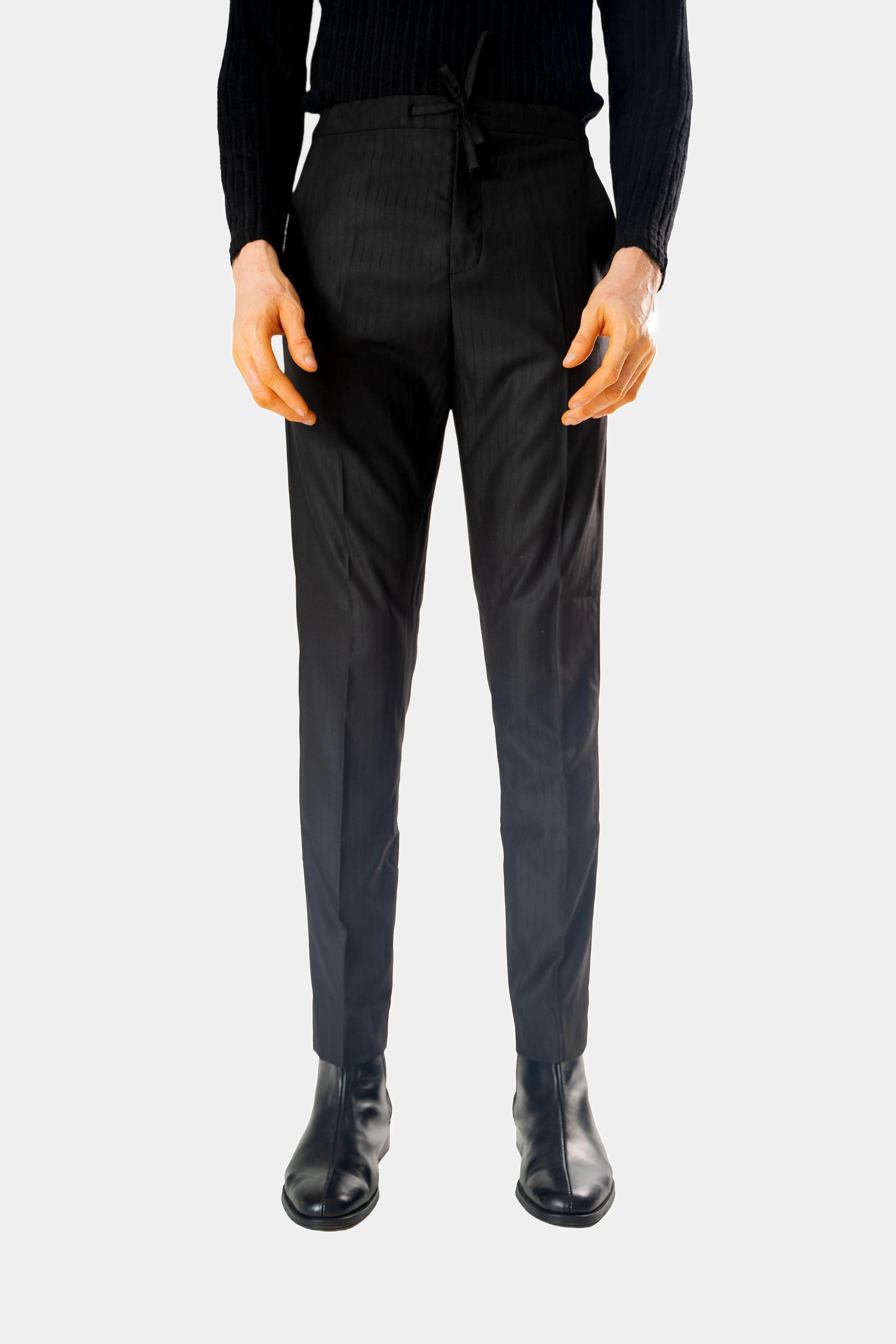 Wool Drawstring Pants in Double Black Pinstripe