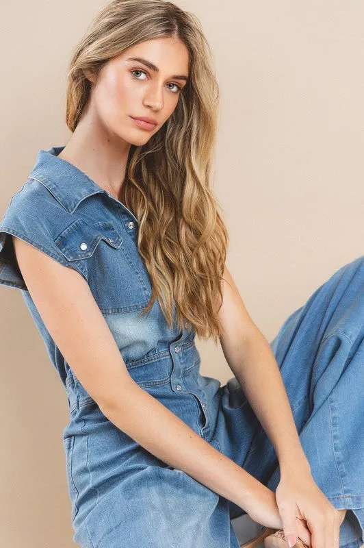 Zoey Wide Leg Denim Jumpsuit