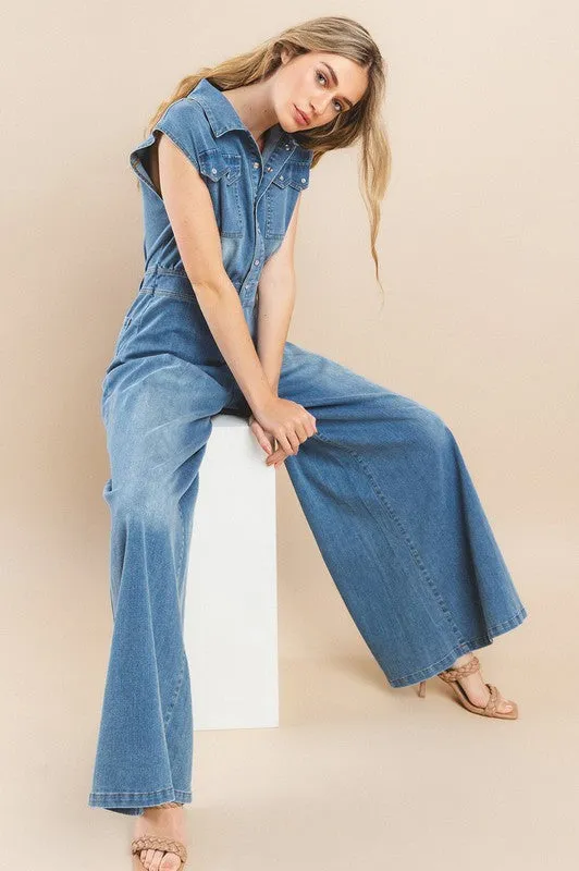 Zoey Wide Leg Denim Jumpsuit