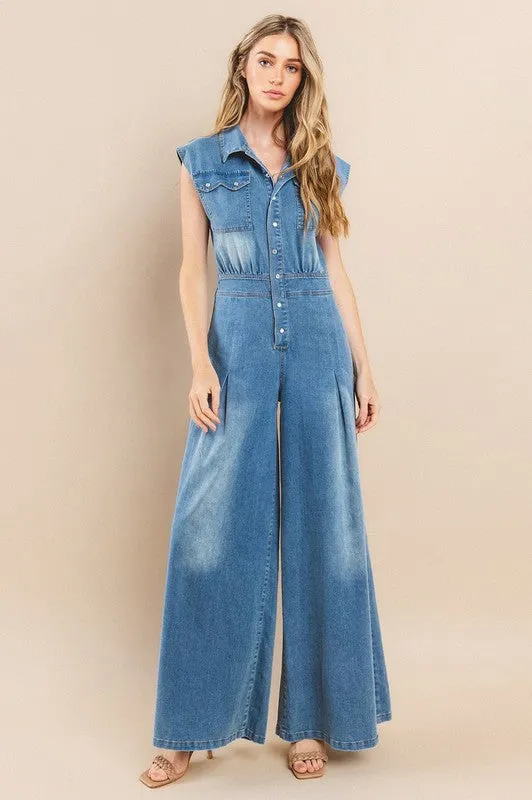 Zoey Wide Leg Denim Jumpsuit