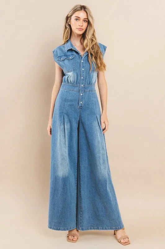 Zoey Wide Leg Denim Jumpsuit