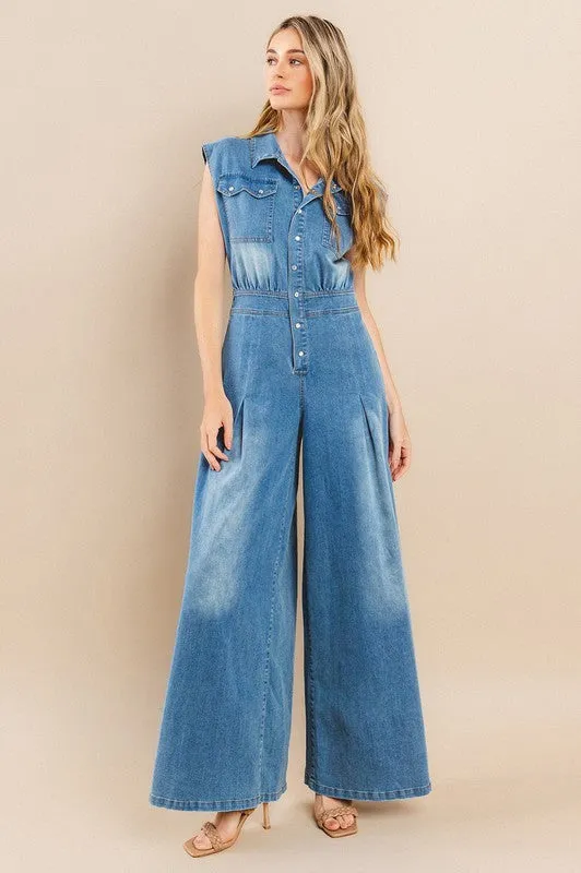 Zoey Wide Leg Denim Jumpsuit